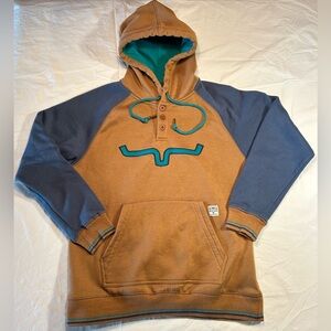 Kimes Ranch Women's Medium Teal & Brown Amigo Henley Hoodie Cotton Blend Pocket